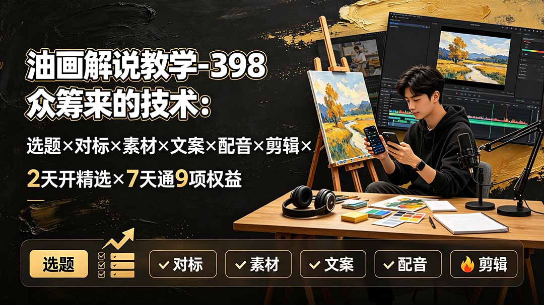 油画解说教学-398众筹来的技术：选题×对标×素材×文案×配音×剪辑×2天开精选×7天通9项权益-得优社