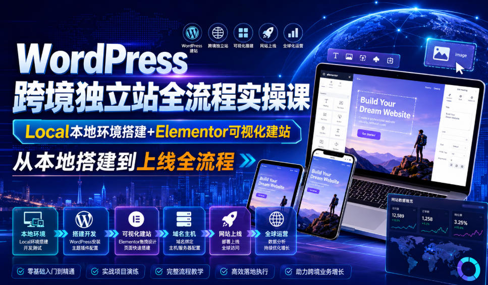 WordPress跨境独立站全流程实操课｜Local本地环境搭建+Elementor可视化建站，从本地搭建到上线全流程-得优社