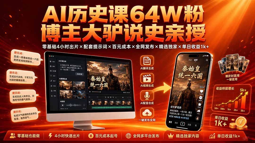 AI历史课64W粉博主大驴说史亲授：零基础4小时出片×配套提示词×百元成本×全网发布×精选独家×单日收益1k+-得优社