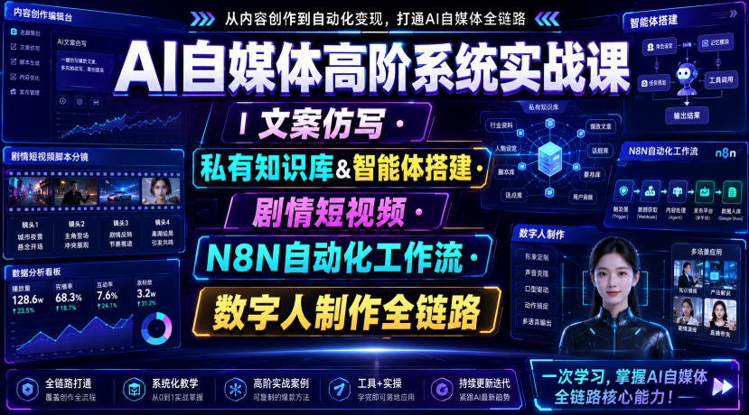 AI自媒体高阶系统实战课｜文案仿写・私有知识库&智能体搭建・剧情短视频・N8N自动化工作流・数字人制作全链路-得优社