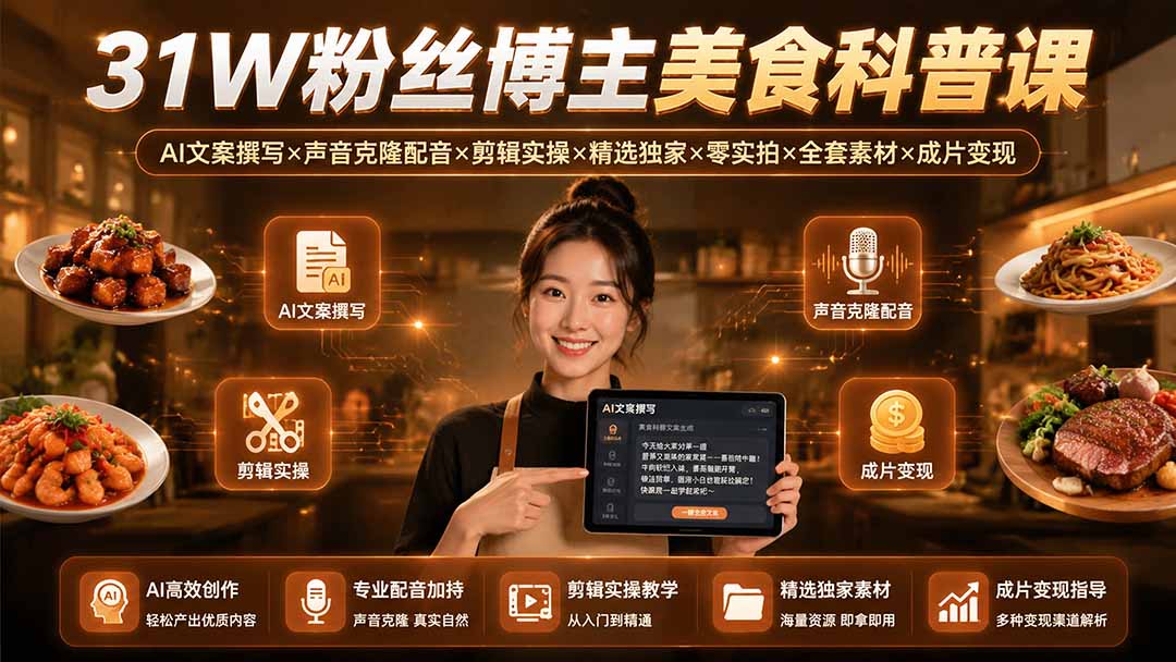 31W粉丝博主美食科普课：AI文案撰写×声音克隆配音×剪辑实操×精选独家×零实拍×全套素材×成片变现-得优社