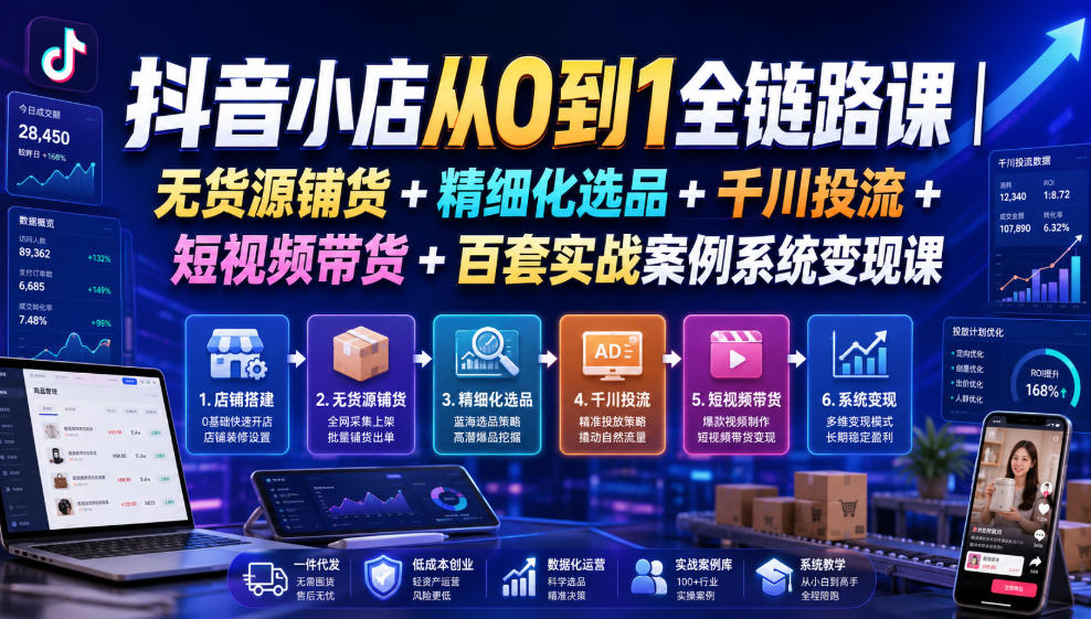 抖音小店从0到1全链路课｜无货源铺货+精细化选品+千川投流+短视频带货+百套实战案例系统变现课(2026年7月更新)-得优社