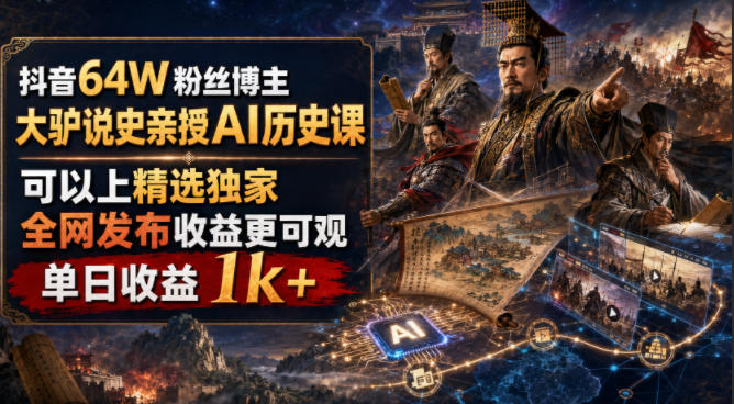 抖音64W粉丝博主大驴说史亲授AI历史课，可以上精选独家，全网发布收益更可观，单日收益1k+-得优社