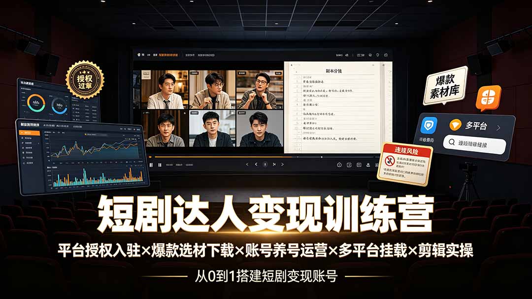 短剧达人变现训练营：平台授权入驻×爆款选材下载×账号养号运营×多平台挂载×剪辑实操×违规处理全流程-得优社