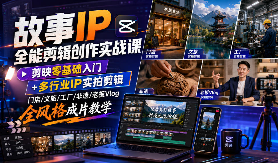故事IP全能剪辑创作实战课｜剪映零基础入门+多行业IP实拍剪辑，门店/文旅/工厂/非遗/老板Vlog全风格成片教学-得优社