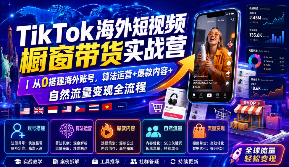 TikTok海外短视频橱窗带货实战营｜从0搭建海外账号，算法运营+爆款内容+自然流量变现全流程-得优社