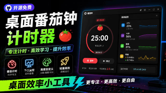 仅1.16MB，开源极简的桌面时钟、番茄钟计时器，还支持系统监控显示，桌面效率小工具Catime-得优社