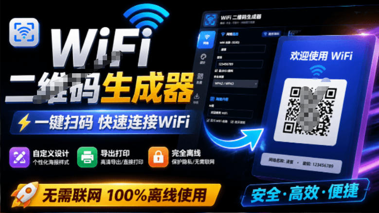 完全离线使用！WiFi二维码生成器，一键扫码快速连接WiFi，支持自定义风格导出WiFi二维码生成器-得优社