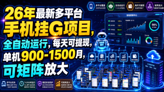 26年最新多平台手机挂G项目，全自动运行，每天可提现，单机900-1500月，可矩阵放大【揭秘】-得优社