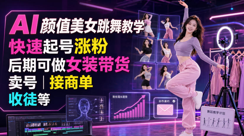 AI颜值美女跳舞教学，快速起号涨粉，后期可做女装带货，卖号，接商单，收徒等-得优社
