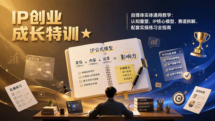 IP创业成长特训★自媒体实体通用教学：认知重塑、IP核心模型、赛道拆解、配套实操练习全指南-得优社