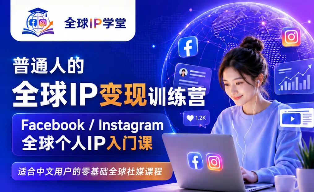 普通人的全球IP变现训练营，Facebook/Instagram全球个人IP入门课，零基础全球社媒课程-得优社