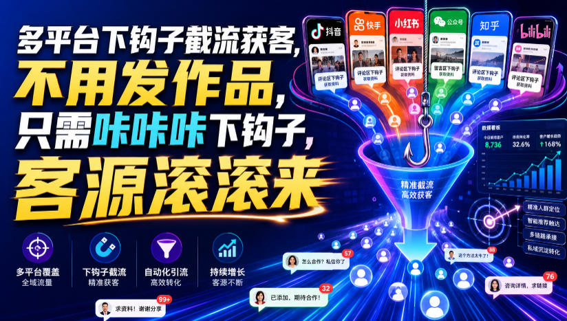 多平台下钩子截流获客，不用发作品，只需咔咔咔下钩子，客源滚滚来-得优社