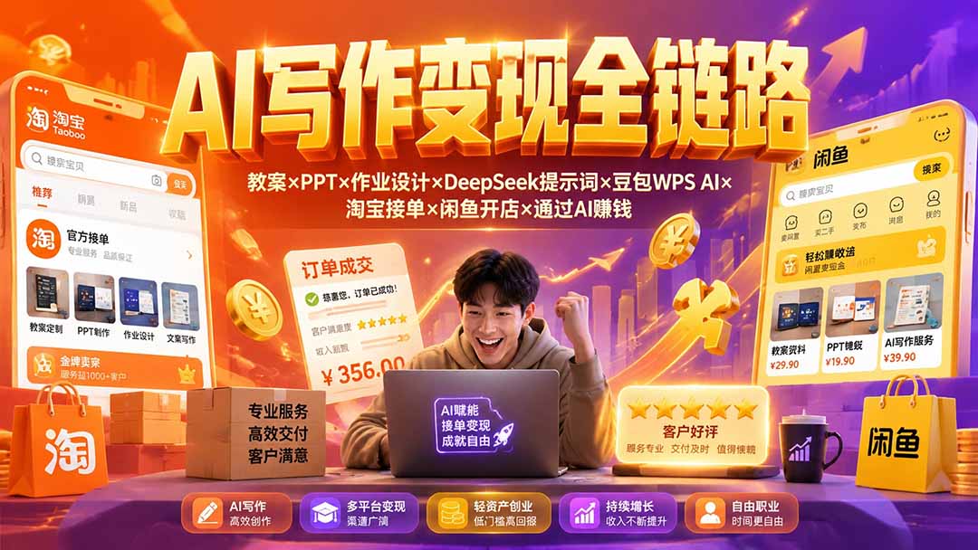 2026AI写作变现全链路：教案×PPT×作业设计×DeepSeek提示词×豆包WPS AI×淘宝接单×闲鱼开店×通过AI賺钱-得优社