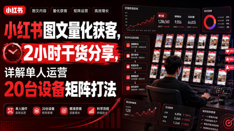 小红书图文量化获客，2小时干货分享，详解单人运营20台设备矩阵打法-得优社