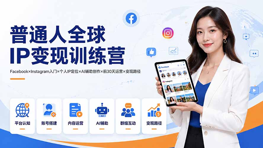 普通人全球IP变现训练营：Facebook×Instagram入门×个人IP定位×AI辅助创作×前30天运营×变现路径-得优社
