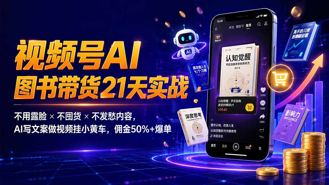 繁花视频号AI图书带货21天实战：不用露脸×不囤货×不发愁内容，AI写文案做视频挂小黄车，佣金50%+爆单-得优社