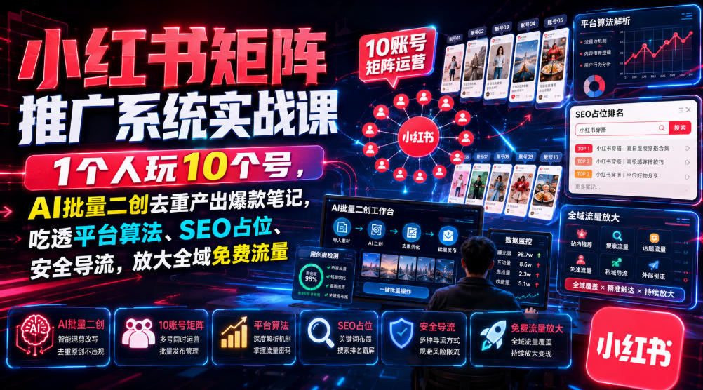 小红书矩阵推广系统实战课｜1个人玩10个号，AI批量二创去重产出爆款笔记，吃透平台算法、SEO占位、安全导流，放大全域免费流量-得优社
