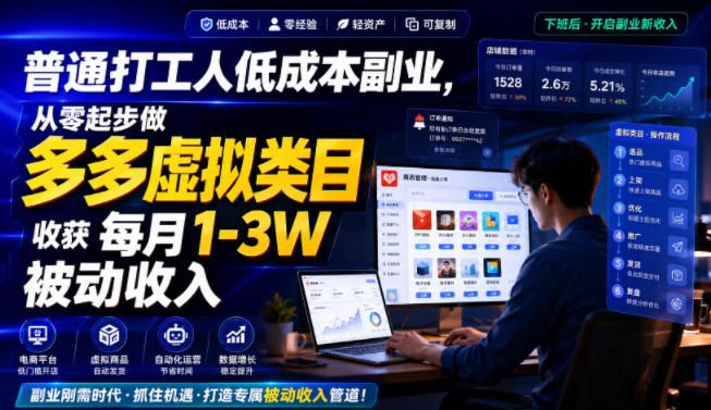 普通打工人低成本副业，从零起步做多多虚拟类目，收获每月1-3W被动收入【揭秘】-得优社