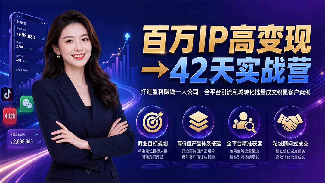 百万IP高变现→42天实战营｜打造盈利赚钱一人公司，全平台引流私域转化批量成交积累客户案例-得优社