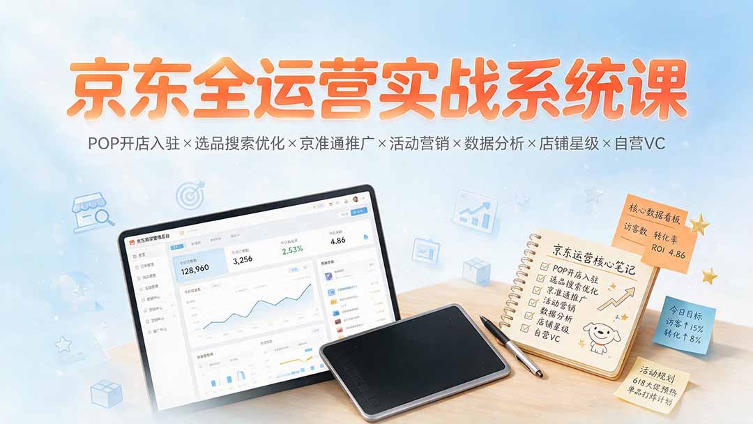 京东全运营实战系统课：POP开店入驻×选品搜索优化×京准通推广×活动营销×数据分析×店铺星级×自营VC-得优社