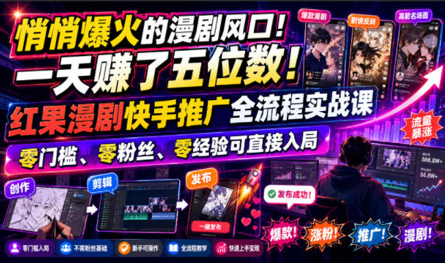 悄悄爆火的漫剧风口！一天賺了五位数！红果漫剧快手推广全流程实战课，零门槛、零粉丝、零经验可直接入局-得优社
