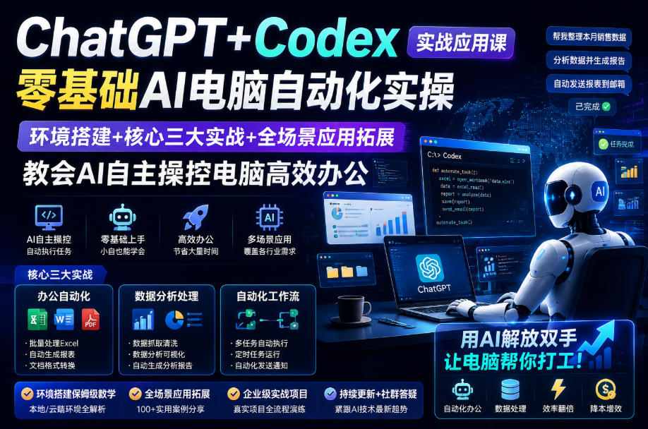 ChatGPT+Codex实战应用课｜零基础AI电脑自动化实操，环境搭建+核心三大实战+全场景应用拓展，教会AI自主操控电脑高效办公-得优社