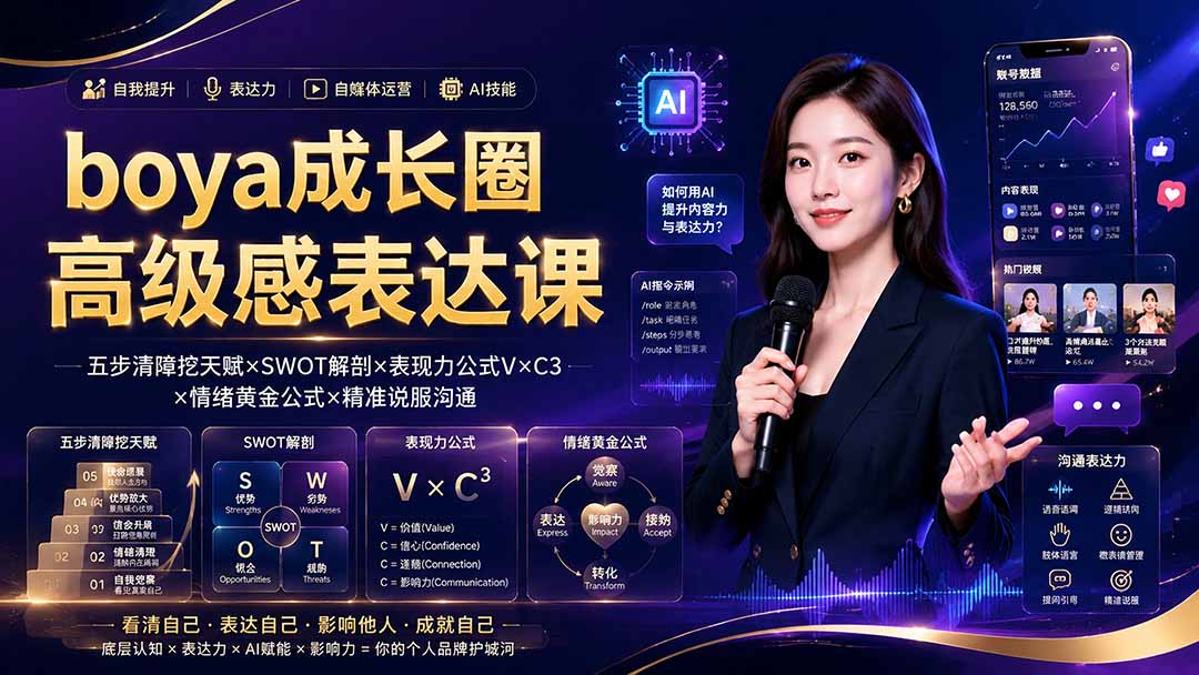 boya成长圈｜内心成长高级表达AI自媒体三合一，消解内耗挖掘天赋，镜头沟通AI指令短视频全流程教学-得优社