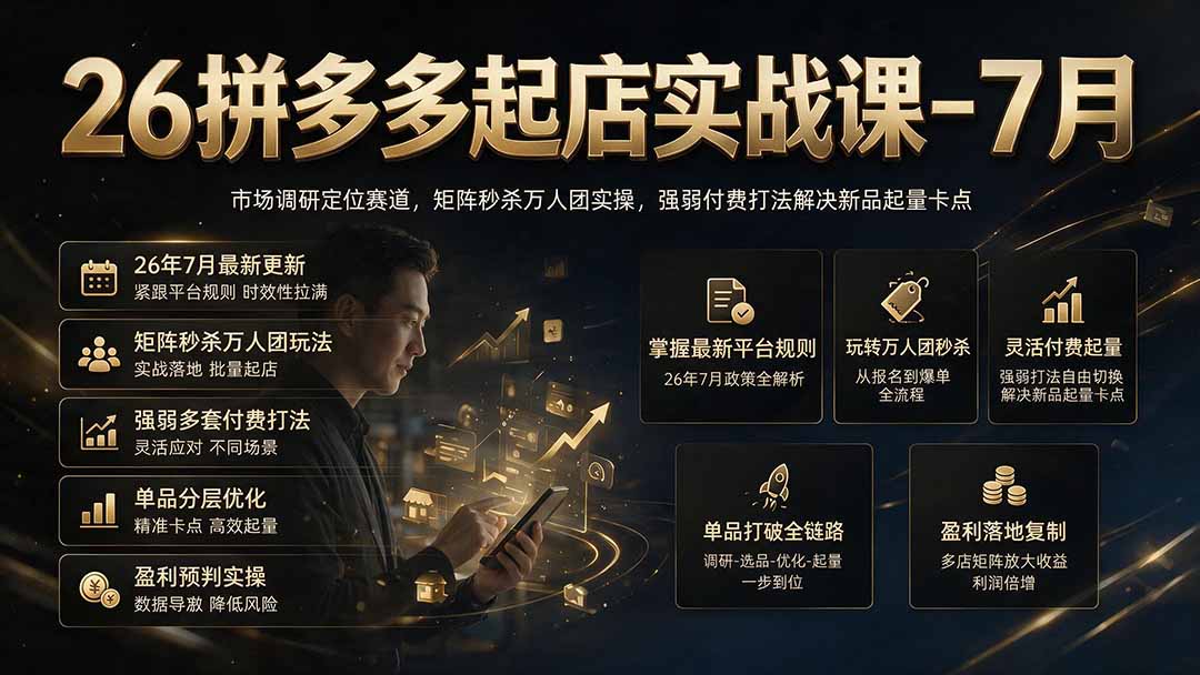 26拼多多起店实战课-7月｜市场调研定位赛道，矩阵秒杀万人团实操，强弱付费打法解决新品起量卡点-得优社