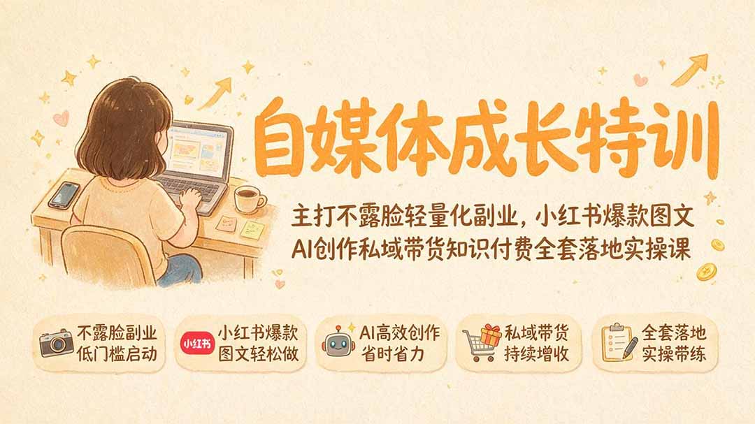 自媒体成长特训｜主打不露脸轻量化副业，小红书爆款图文AI创作私域带货知识付费全套落地实操课-得优社