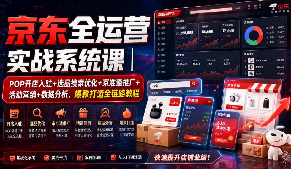 京东全运营实战系统课｜POP开店入驻+选品搜索优化+京准通推广+活动营销+数据分析，爆款打造全链路教程-得优社