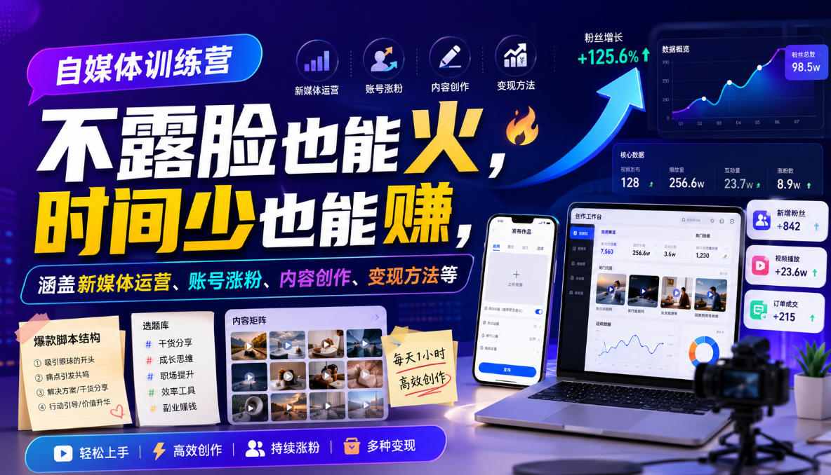 自媒体训练营，不露脸也能火，时间少也能賺，涵盖新媒体运营、账号涨粉、内容创作、变现方法等-得优社
