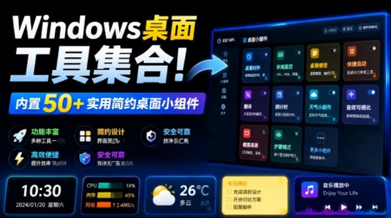 Windows桌面工具集合！内置50+实用简约桌面小组件，含截图、录屏、翻译、天气等，多秘工具箱-得优社