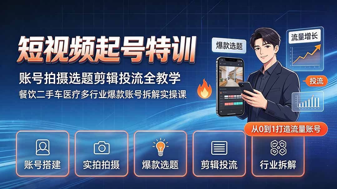 短视频起号特训｜账号拍摄选题剪辑投流全教学，餐饮二手车医疗多行业爆款账号拆解实操课-得优社
