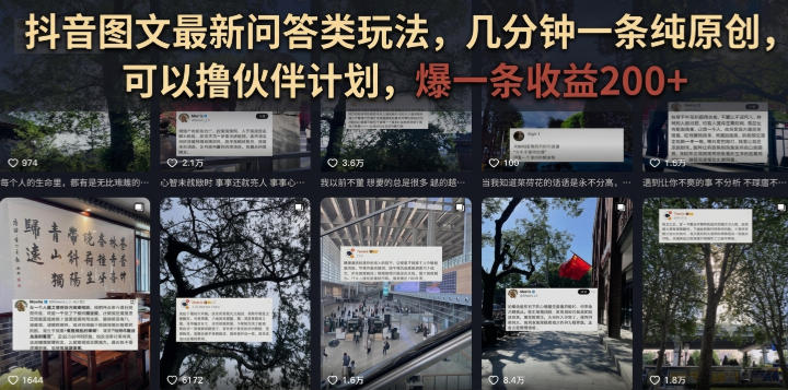 抖音图文最新问答类玩法，几分钟一条纯原创，可以撸伙伴计划，爆一条收益200+-得优社