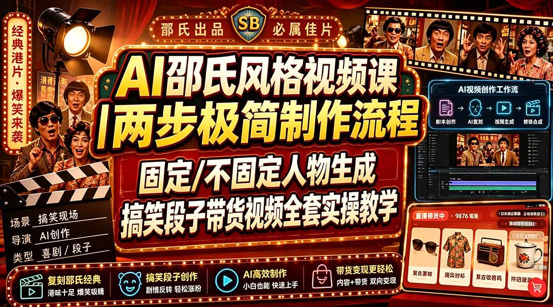 AI邵氏风格视频课｜两步极简制作流程，固定/不固定人物生成，搞笑段子带货视频全套实操教学-得优社
