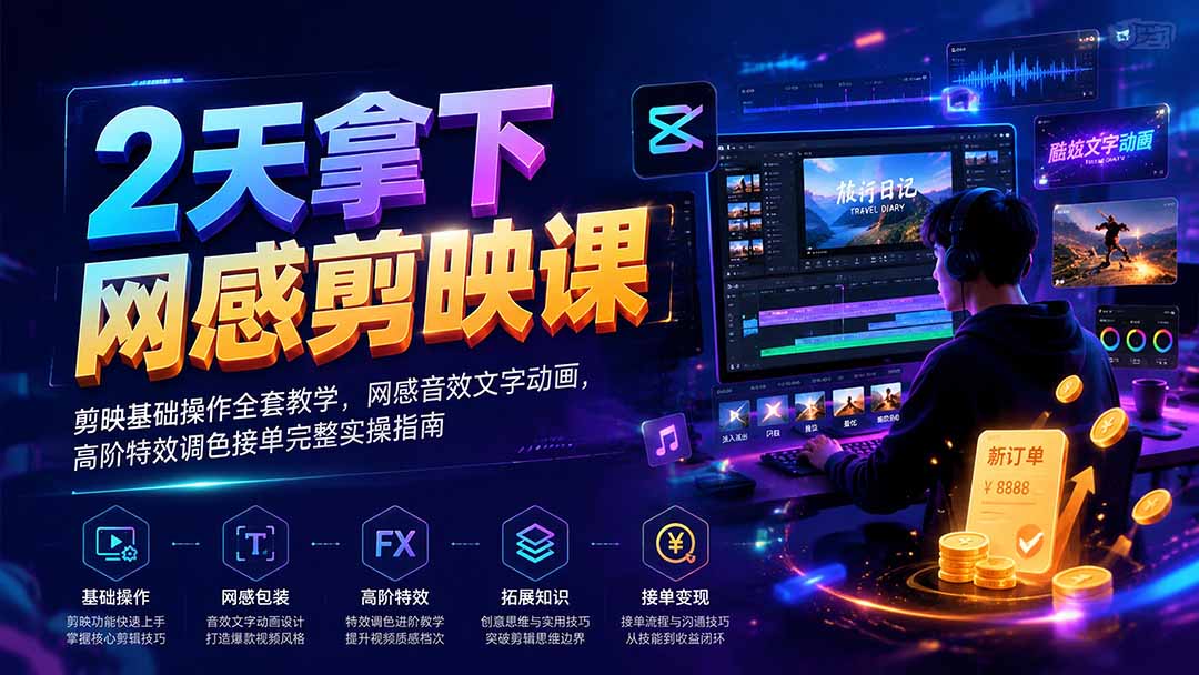2天拿下网感剪辑课｜剪映基础操作全套教学，网感音效文字动画，高阶特效调色接单完整实操指南-得优社