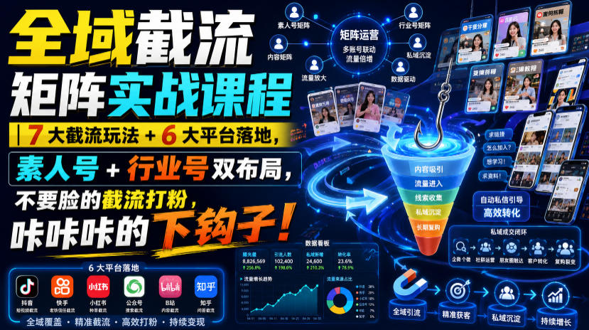 全域截流矩阵实战课程｜7大截流玩法+6大平台落地，素人号+行业号双布局，不要脸的截流打粉，咔咔咔的下钩子！-得优社