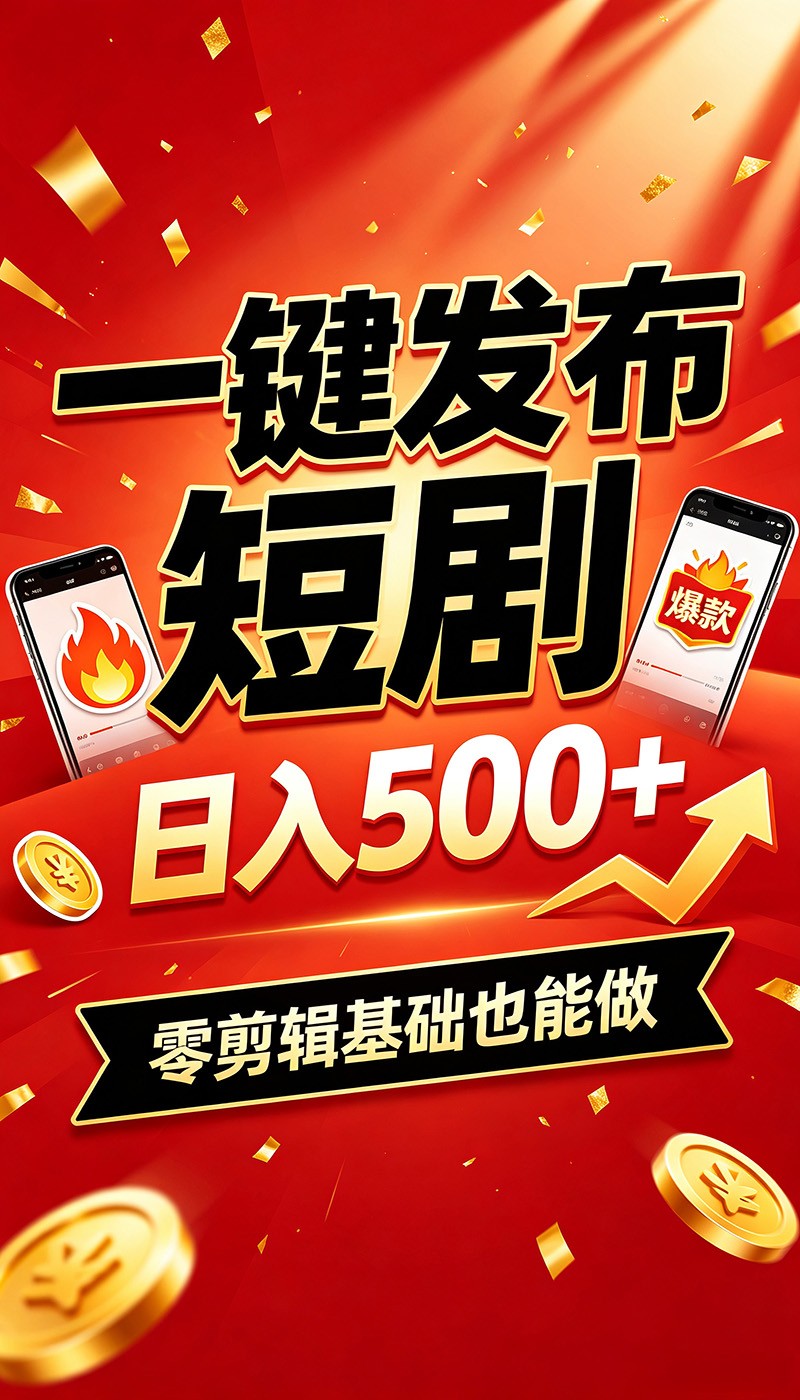 快手短剧一键发布，不用剪辑操作简单，副业日入500+。空闲时间轻松赚收益-得优社