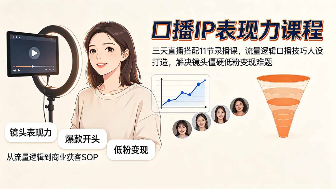 口播IP表现力课程｜三天直播搭配11节录播课，流量逻辑口播技巧人设打造，解决镜头僵硬低粉变现难题-得优社